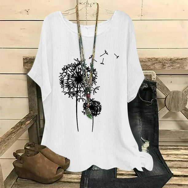 Fiudx Liquidación de Ofertas Flash Blusas Informales con Estampado de Manga Corta y Cuello Redondo de Verano para Mujer a La Moda