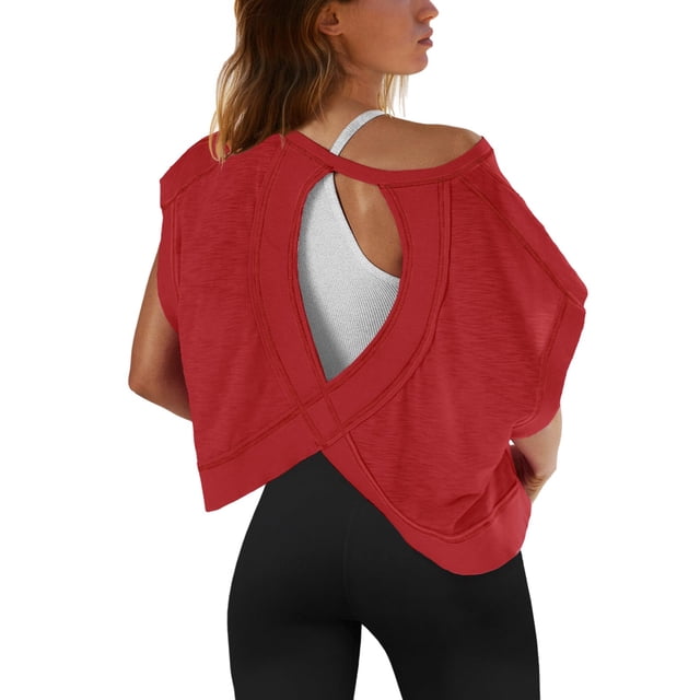 Camiseta de entrenamiento SENSERISE con espalda abierta de manga corta para mujer, color rojo