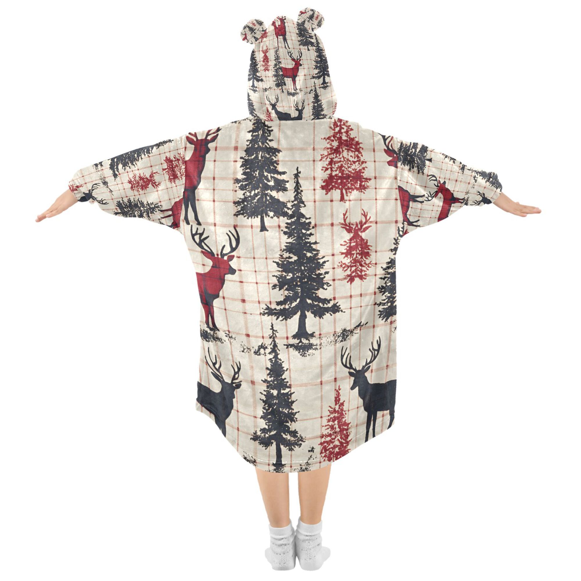 FORMRS Wearable Blanket Hoodie with Sleeves for Kids Cozy Flannel Sweatshirt, Red Deer