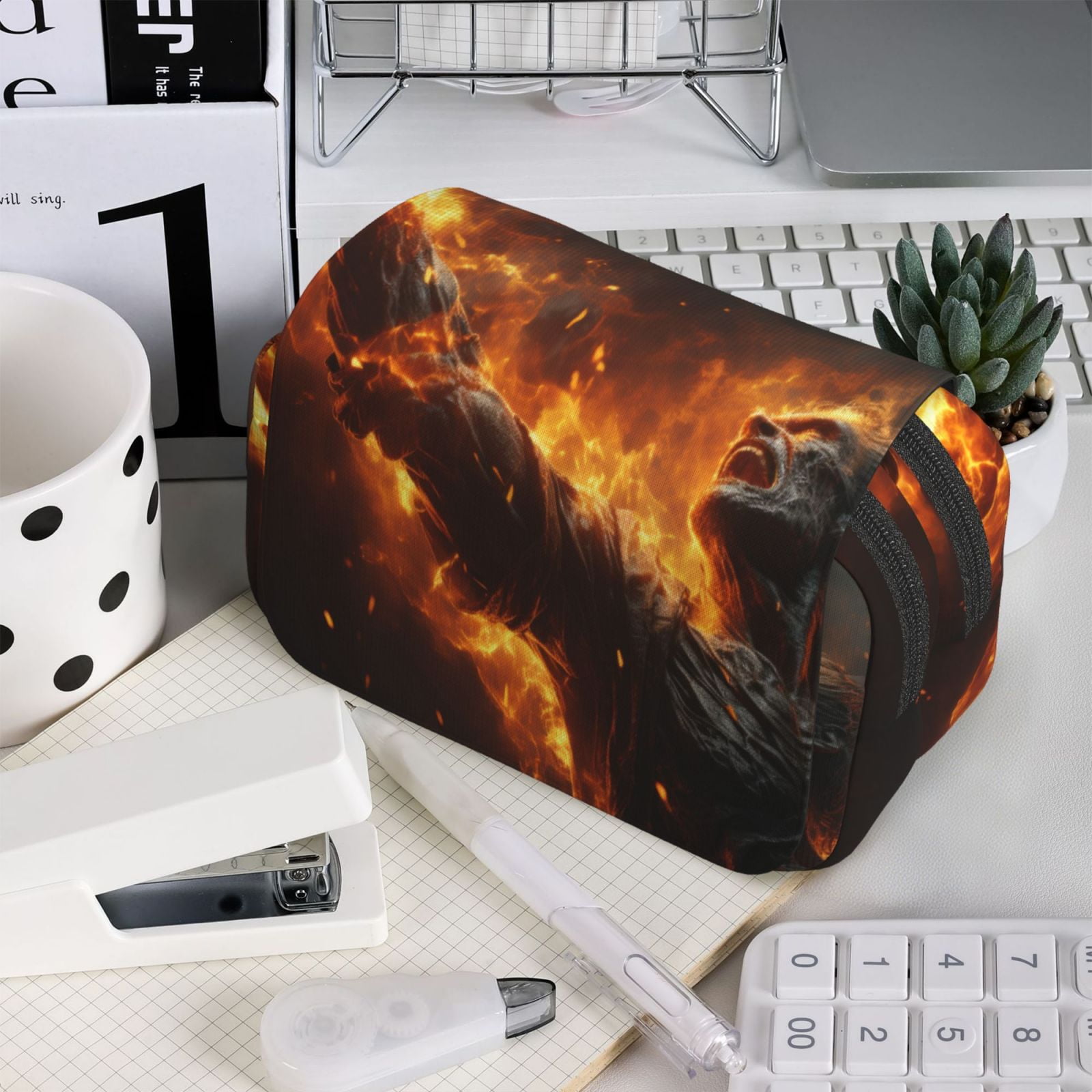 Rateoe Cool Fire Man Pattern Double Clamshell Pen Case, Storage Organizer with Two Zipper Compartments– Holds Up to 50 Pencils & Pens