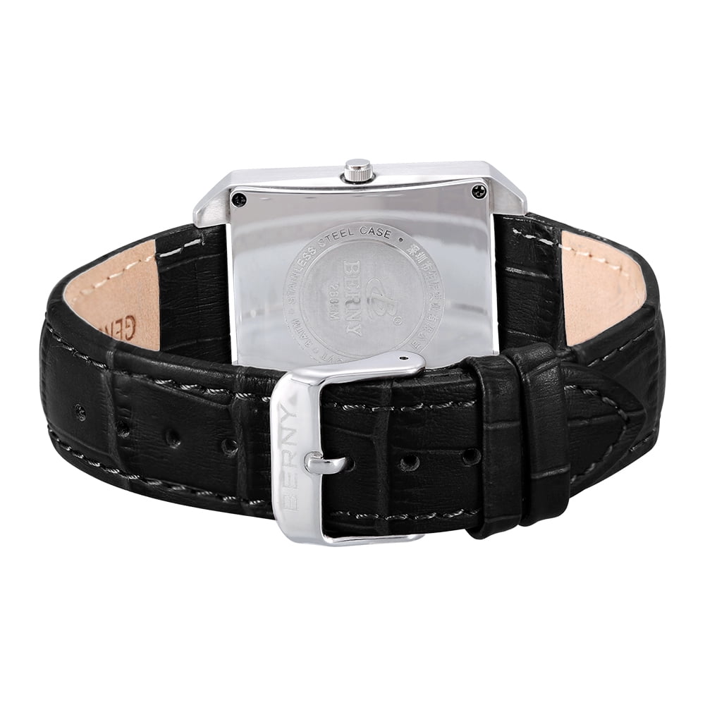 BERNY Square Watches for Men, Vintage Quartz Analog Leather Watch with Date Calendar, Stainless Steel, Waterproof, Dress Mens Wrist Watch Gifts (White)