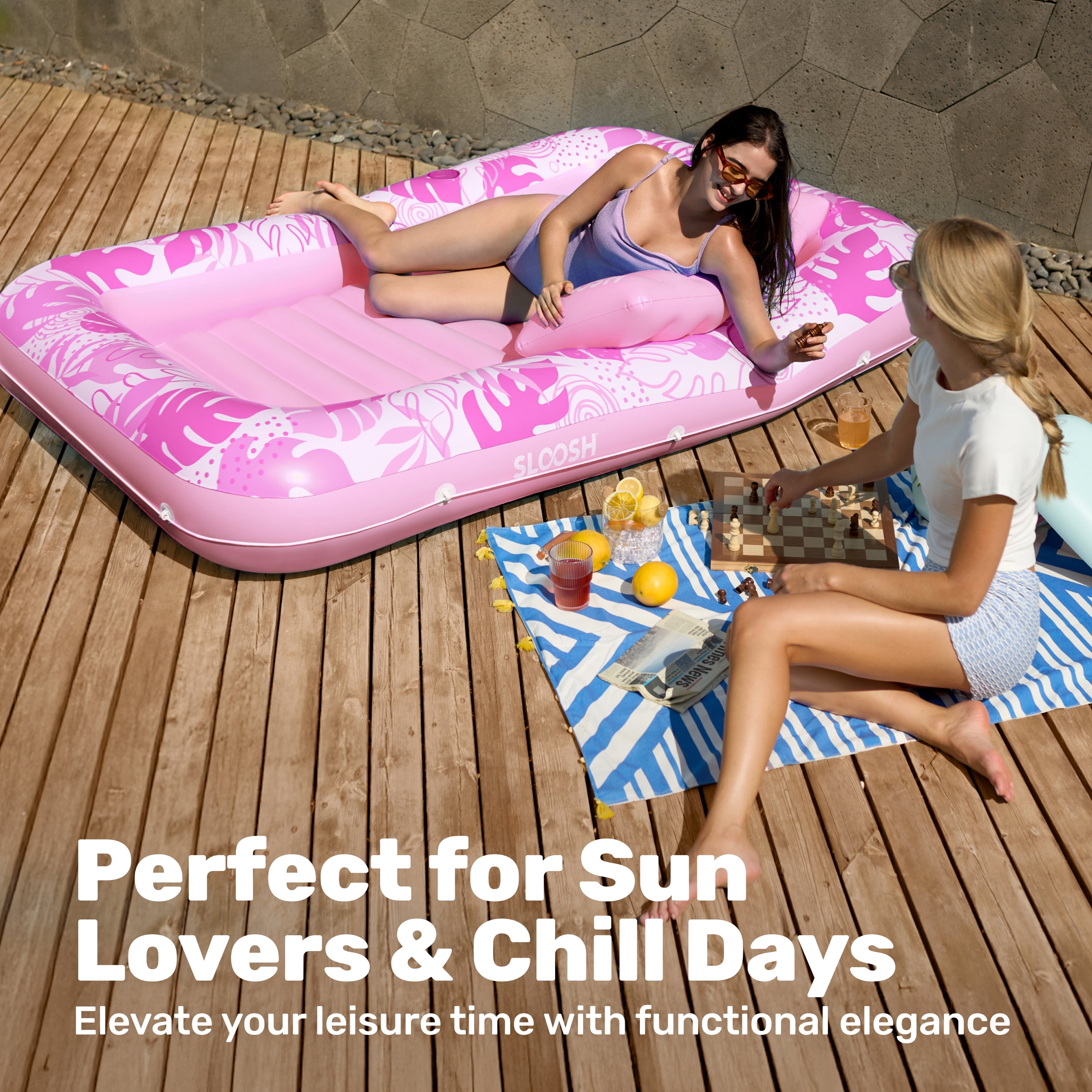 SLOOSH Inflatable Tanning Pool Lounger Float, 85" x 57" Extra Large Suntan Sun Tan tub for Adults, Tanning chair, Bed Blow up, Raft Lounge Floatie,XL-Blushing Pink