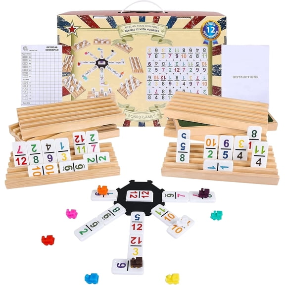 Fugocen Mexican Train Dominoes Set Double 12 With Numbers, 91 Tiles, 9 Trains, 8 Wooden Holders, Hub