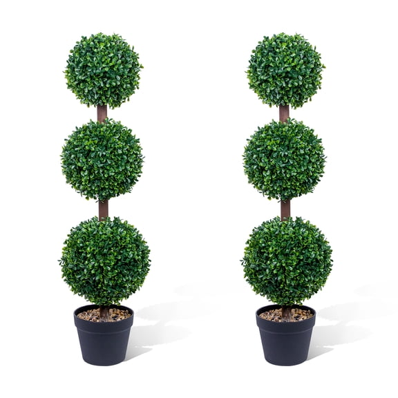 3FT Artificial Triple Ball Topiary Trees with Black Planter Pot, Outdoor Indoor Realistic Faux Shrubs Plants, Fake Trees for Entryway Patio Home Office Decor, 2 Pack