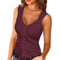 thumbnail image 1 of Camiseta sin mangas con cuello en V para mujer Camisas sin mangas de verano ajustadas de color puro con cordón fruncido, 1 of 6