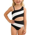 thumbnail image 2 of Girls Swimsuit One Piece Bathing Suit Color Block Waist Cutout Double Thin Shoulder Straps Swimwear (Black,10-11 Years), 2 of 8