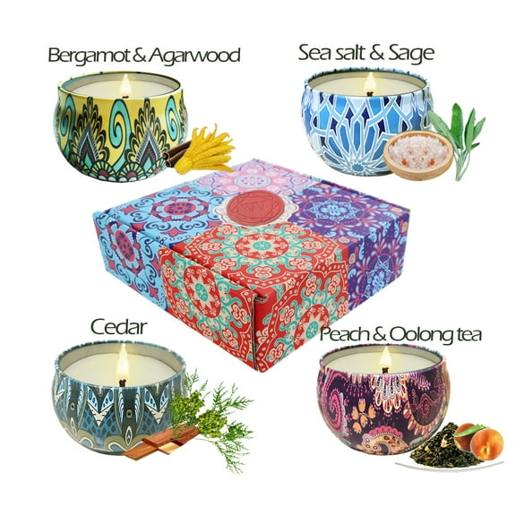 4Pcs Scented Candles Natural Soy Wax 2.5OZ Long Lasting Portable Travel Tin Aromatherapy Candles for Home Scented, Birthday, Mothers Day