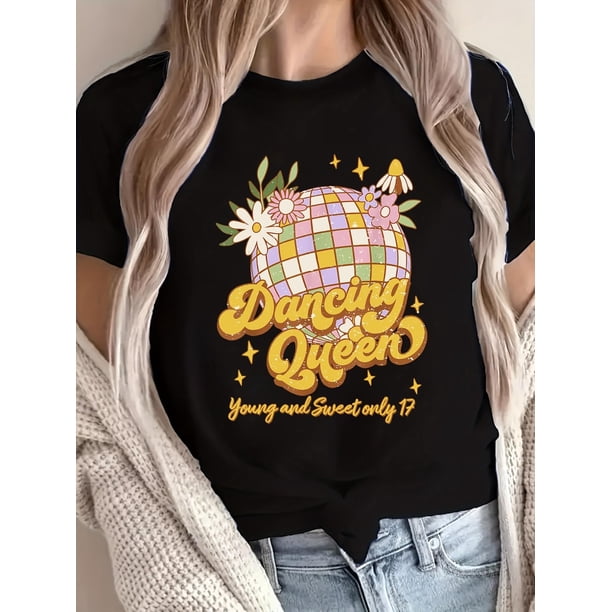 Camiseta De Verano Para Mujer, Elegante Camiseta Con Cuello Redondo Para Viajar, Acampar, Uso DiarioWomen'S Fashion T-shirt, Women'S Casual Round Neck T-shirt, "colorful Light Ball Flower Letters" P