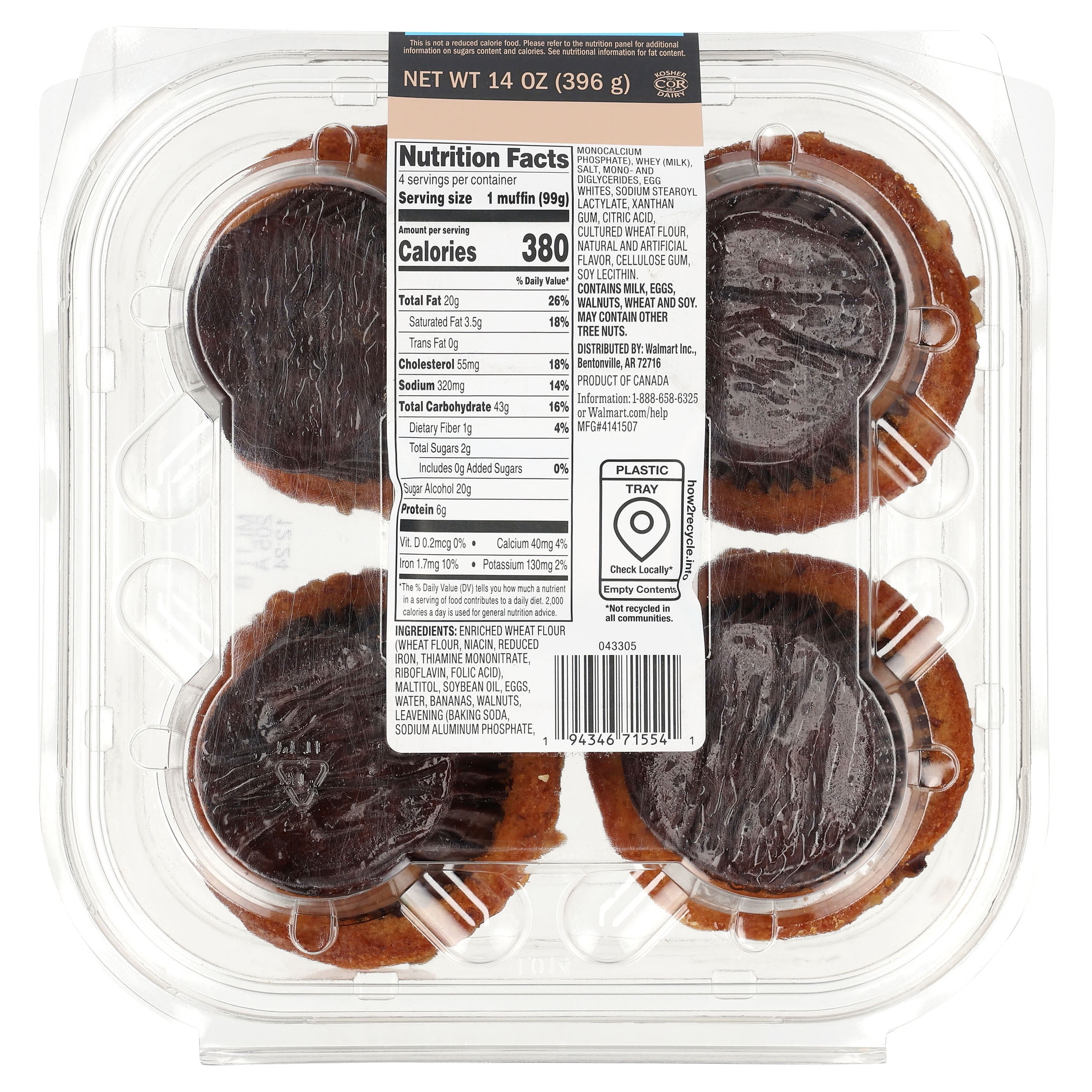 Marketside Banana Nut No Sugar Added Moist Baked Muffins, 14 oz, 4 Count