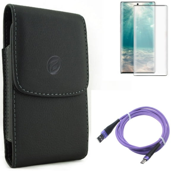 Case Belt Clip & 10ft USB Cable & Screen Protector for Samsung Galaxy Note 20 (6.7") - Combo with Leather Holster & Purple Type-C & Tempered Glass (Fingerprint Unlock)