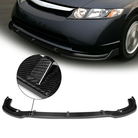 For 2006 to 2008 Honda Civic 3Pcs Gloss Black Real Carbon Fiber Car Front Bumper Lip Guard Body Kit with Vertical Stabilizer 07