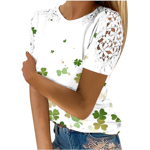 Camisas de Manga Corta para las Mujeres Impresión Cuello Redondo Suéter Encaje Blusa, Top Casual para el Hogar Y Diario