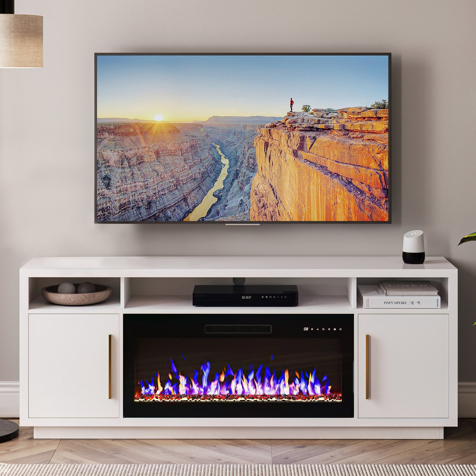 BELLEZE Fireplace TV Stand for TVs Up To 75", Entertainment Center with 36" Electric Fireplace, LED Ambient Lighting, and Storage, Media Console Table 69 Inch - Avenue (White)
