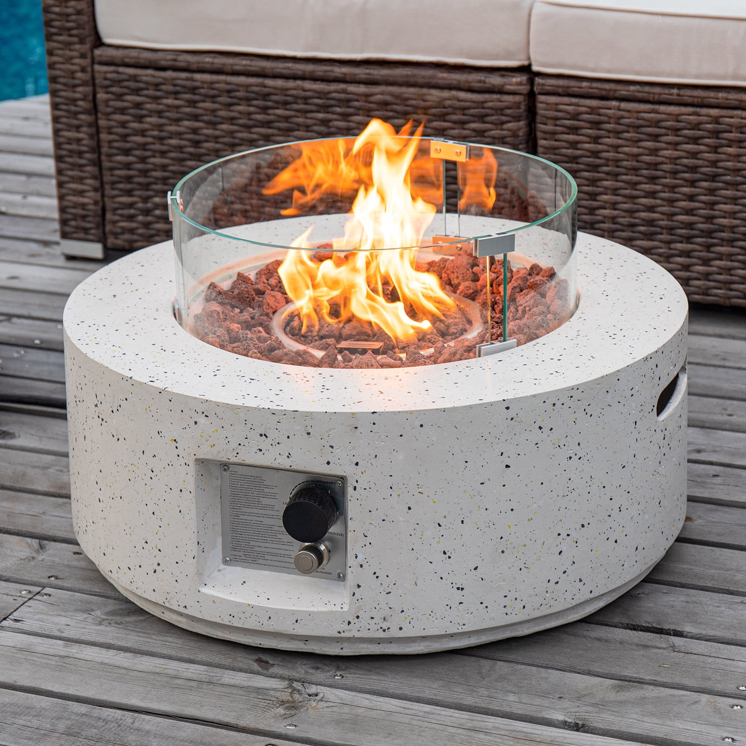 VENTOPYR 28-inch 40,000 BTU Terrazzo Outdoor Propane Fire Pit With Wind Guard, Free Lava Rocks and Rain Cover