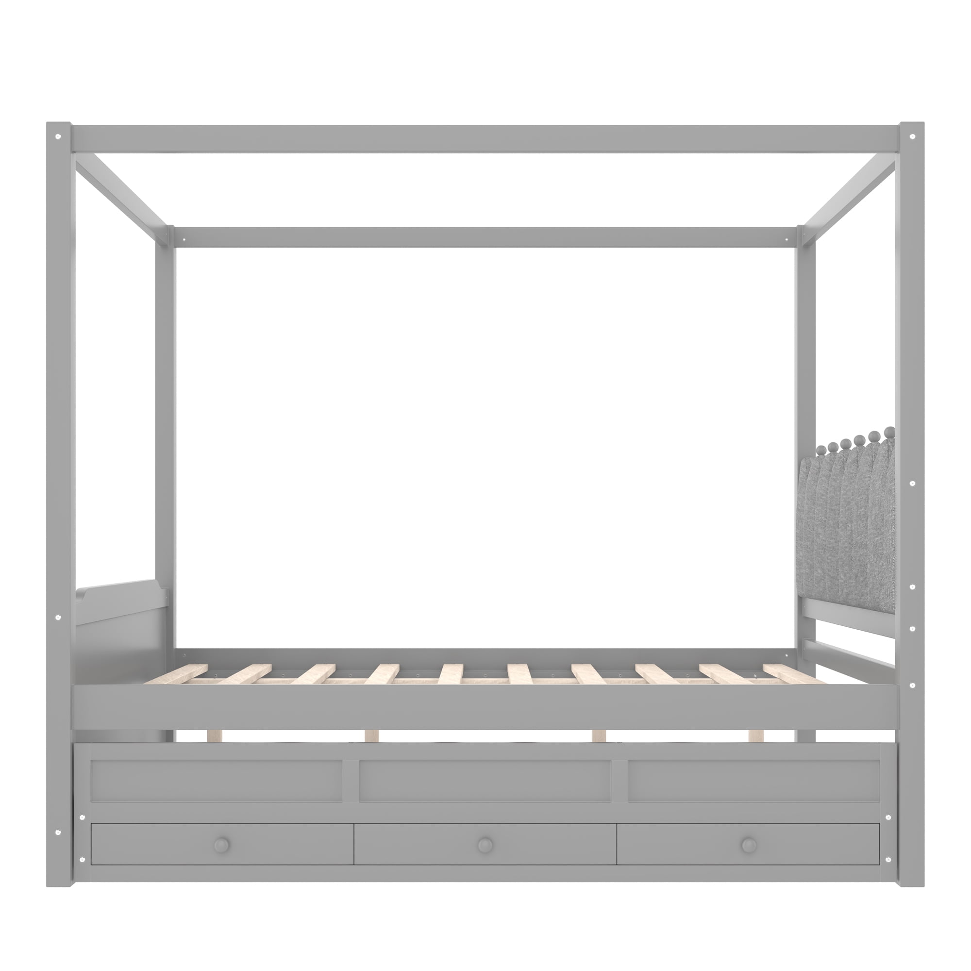Mintazer Princess Upholstered Headboard Full Size Platform Canopy Bed Frame with Twin Trundle and 3 Storage Drawers for Kids Girls, Gray