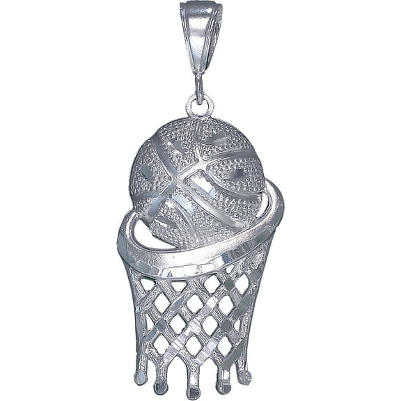 Large Sterling Silver Basketball Hoop Charm Pendant Necklace 2.2 Inches 6 Grams with Diamond Cut Finish and 24 Inch Figaro Chain