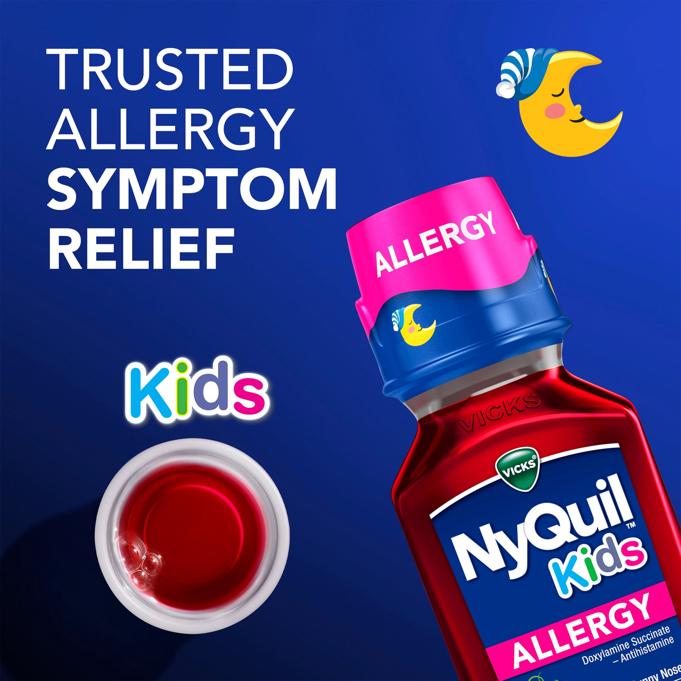 (3 pack) Vicks NyQuil Kids Allergy Liquid, Nighttime Allergy Medicine for Children, Berry, 8 fl oz
