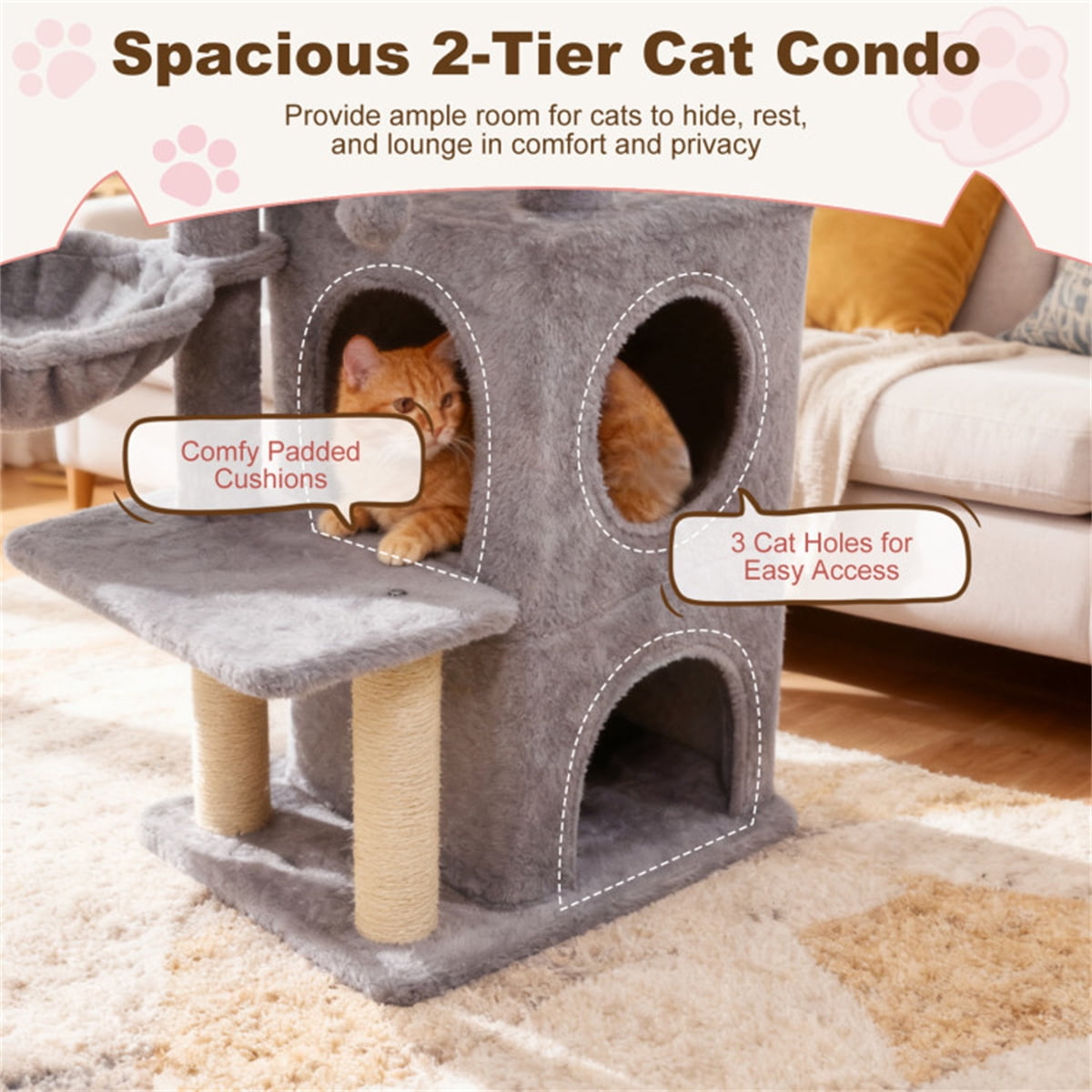 ZephyPaws Tall Cat Tree Tower for Indoor Cat, 35in Multiple-Level Cat Condo with 2 Caves, Cat Scratching Posts,Perches,Gray