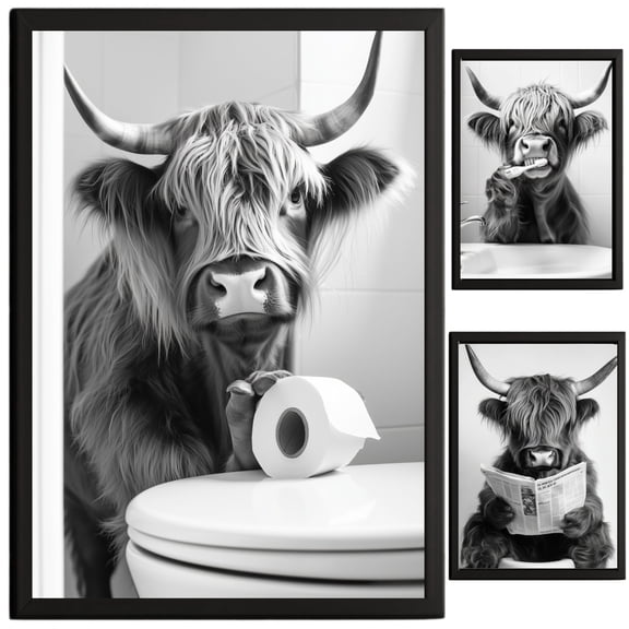 Highland Cow Bathroom Decor, Wall Art, Farmhouse Photo Picture Set, 3pk, 8.5x11, TheNameStore