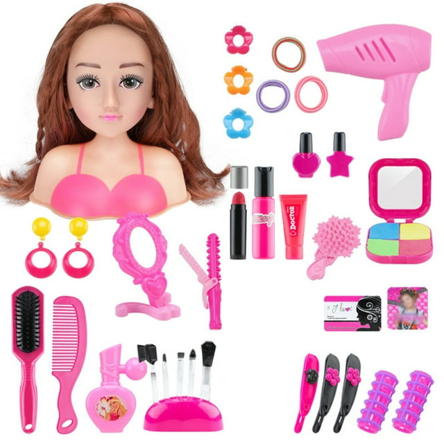 EUBUY 39pcs Doll Makeup Toys Simulation Human Model Head Girl Makeup Hairdressing Combing Hair