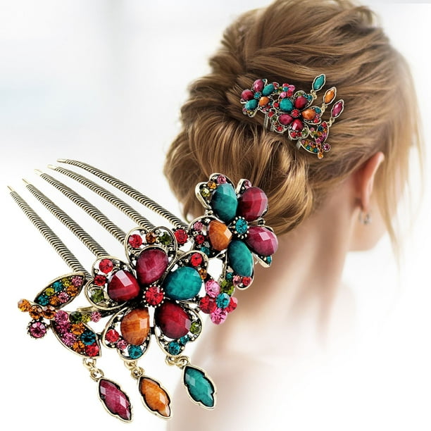 Chic Antique Metal Rhinestone Comb Clip Turquoise Vintage Hair