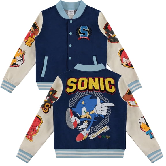SEGA Boys' Sonic The Hedgehog Varsity Jacket- Sonic, Tails, Shadow and Knuckles Little Boys Sizes 4-7, Navy, 4-5