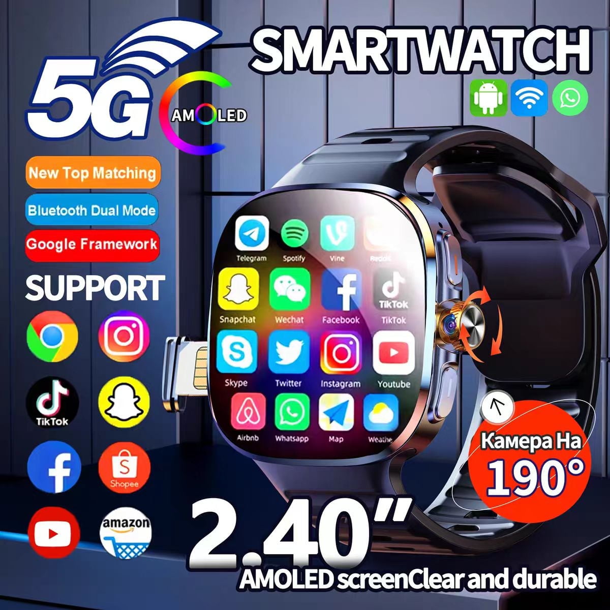 E EYAFA New Dual Bluetooth +Android  System Smart Watch M99 with 2.16 inch AMOLED Screen 3GB RAM and 32GB ROM-Black