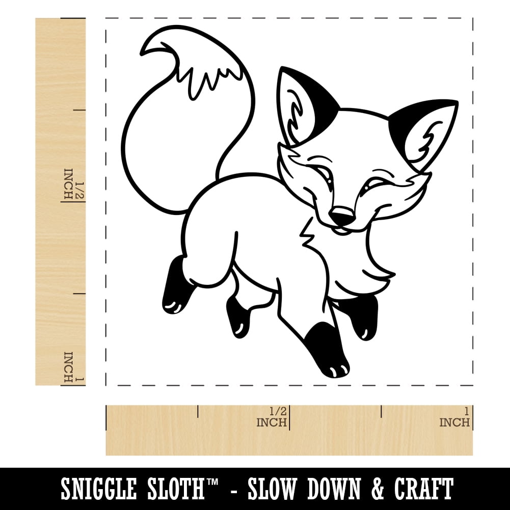 Playful Chibi Fox Self-Inking Rubber Stamp Ink Stamper - Black Ink - Small 1 Inch