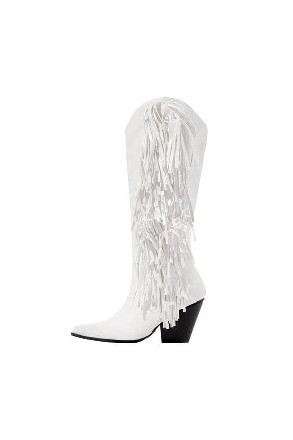 Faux-Leather Boots for Women Winter High With Fringe Sleeve In Solid Color And Low Heel 4.5(35)