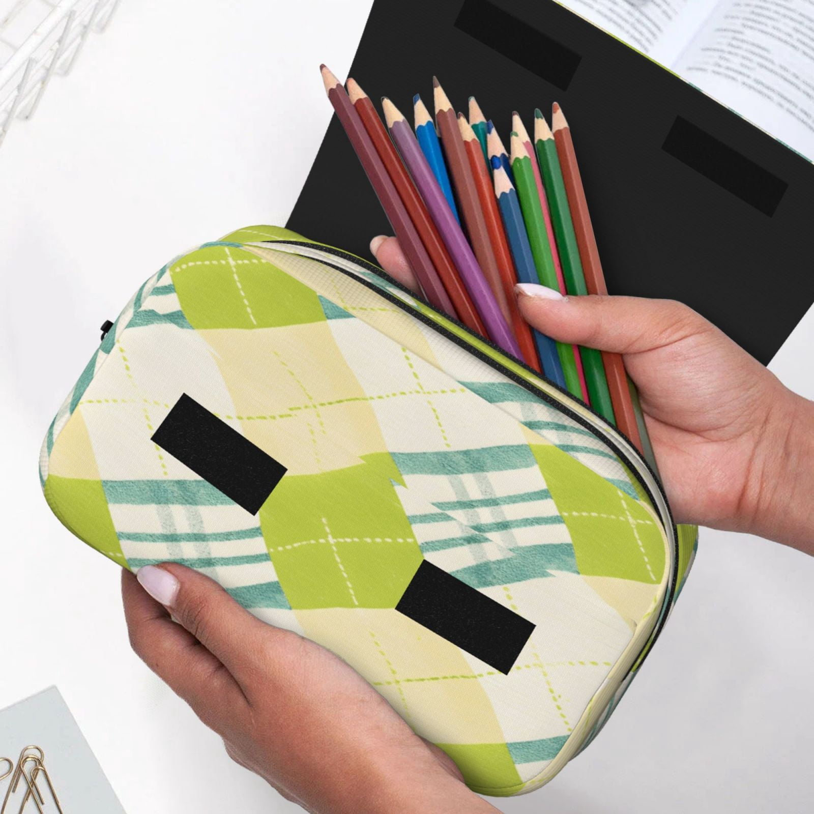 Large-Capacity Flip-Top Double-Layer Pencil Case, Multi-Functional Pocket Pen Case, Durable Stationery Organizer Lime Houndstooth Hand-Drawn Sketch_1