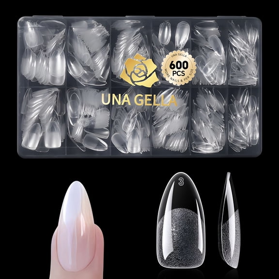RAGUPEL Almond Gel Nail Tips 600 Pcs Pre Etched Medium Almond Shaped Nails Full Cover Press on Nails 12 Sizes Clear Fake Soft Gel Tips for Flat & Curved Nail Bed Extension Home Diy Salon