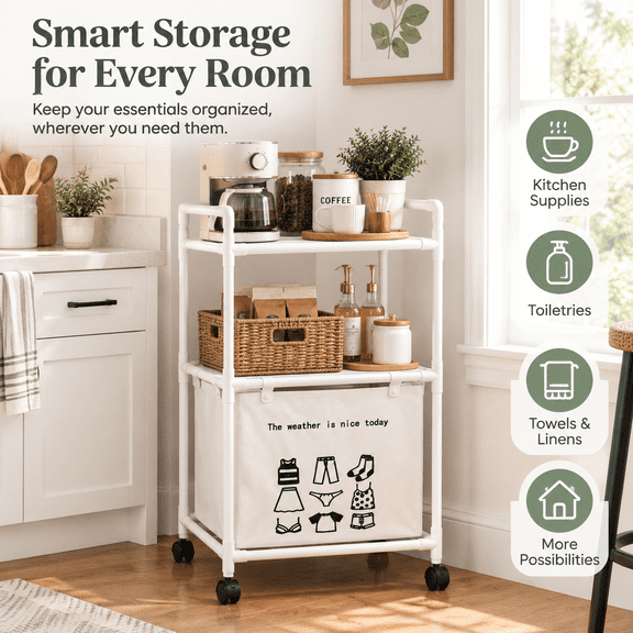 YangXin 2‑Tier Rolling Utility Cart with Table Top, Space‑Saving Storage Trolley, Bathroom Cart & Bathroom Storage Cart for Kitchen, Laundry & Living Room