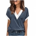 thumbnail image 2 of PNTUTB Summer Women's Fashion Color Block V Neck Basic Comfortable Loose Short Sleeve Pullover T Shirts, 2 of 6