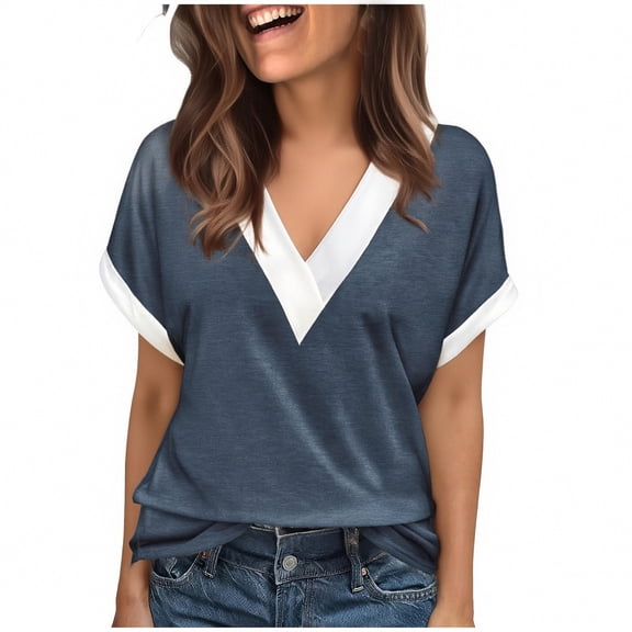 Paiwinds Women's V-Neck Short Sleeve T-Shirt, Basic Casual Summer Top, Comfortable Polyester Shirt for Daily Wear Party Work Vacation, Relaxed Fit Fashion Tee with Simple Design