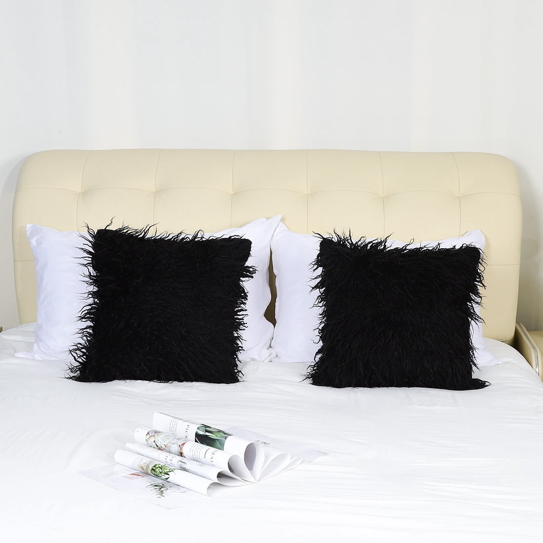 PiccoCasa 2Pcs Shaggy Faux Fur Throw Pillow Covers Soft Plush Cushion Covers, 18"x18" Black