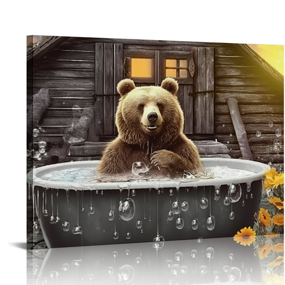 JRXY  Funny Bears Wall Art Farmhouse Bathroom Decor Wall Pictures Cute Bear Sitting in Bathtub Canvas Print Painting Rustic Animals Wall Décor for Bathroom Framed Artwork 20x16in
