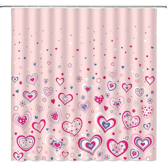Rideau de Douche RV pour la Saint-Valentin Rose Cœur à Pois Amour Doux Blush Romantique Femmes Filles Petit Rideau de Décoration de Salle de Bain avec Crochets, 36 Pouces Lx70 H