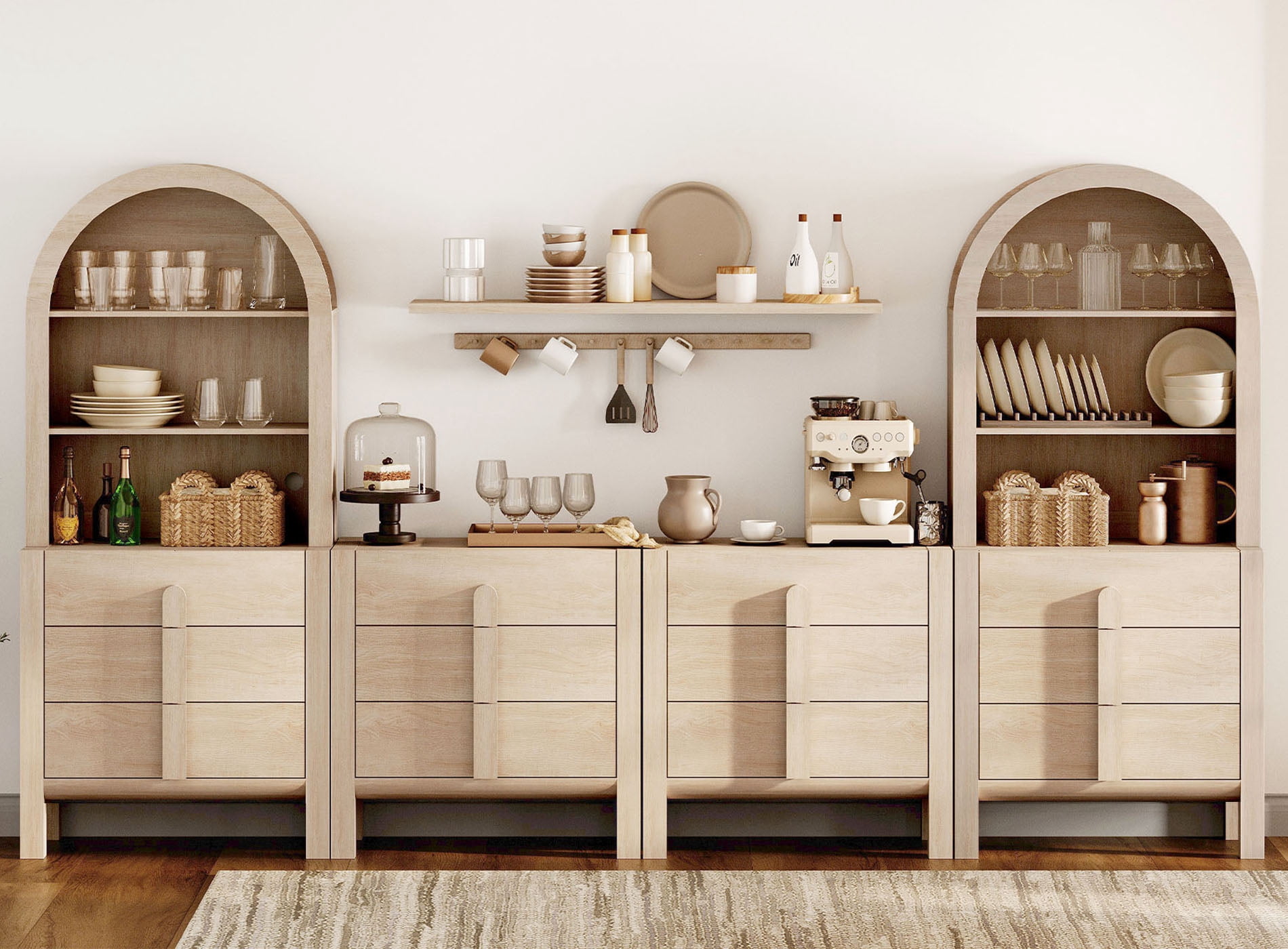 4-In-1 71"H Tall Kitchen Pantry Storage Cabinet,126"W Large Mid-Century Modern Sideboard Buffet Cabinet With 12 Drawers And Shelves For Kitchen