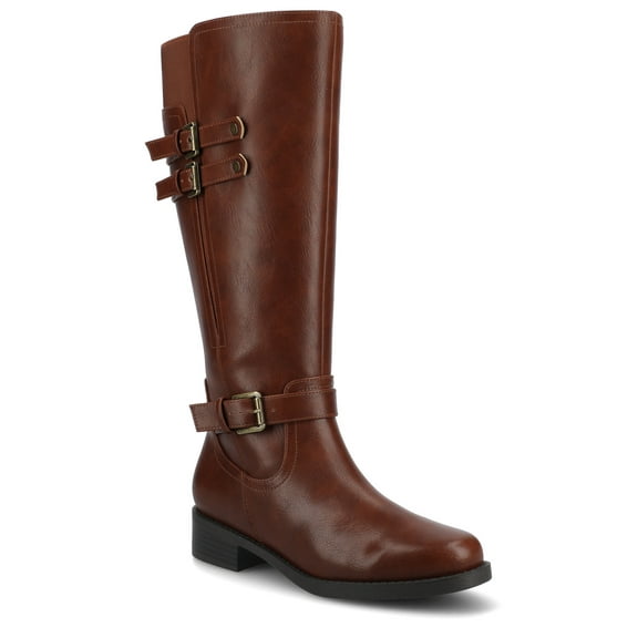 Journee Womens Sonny Buckle Detail Knee High Round Toe Inside Zipper Extra Wide-Calf Comfort Casual Boots