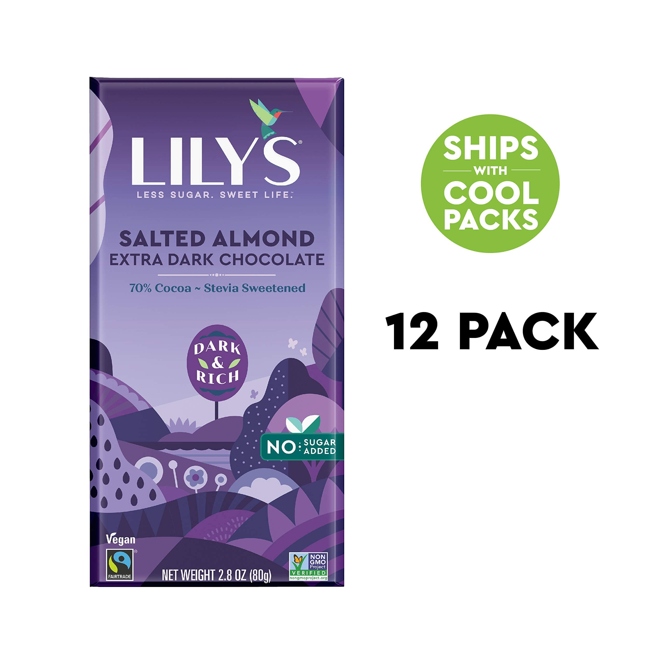 Salted Almond Dark Chocolate Bar by Lily's | Made with Stevia, No Added Sugar, Low-Carb, Keto Friendly Halloween Treat | 70% Cocoa | Fair Trade, Gluten-Free & Non-GMO | 2.8 ounce, 12-Pack