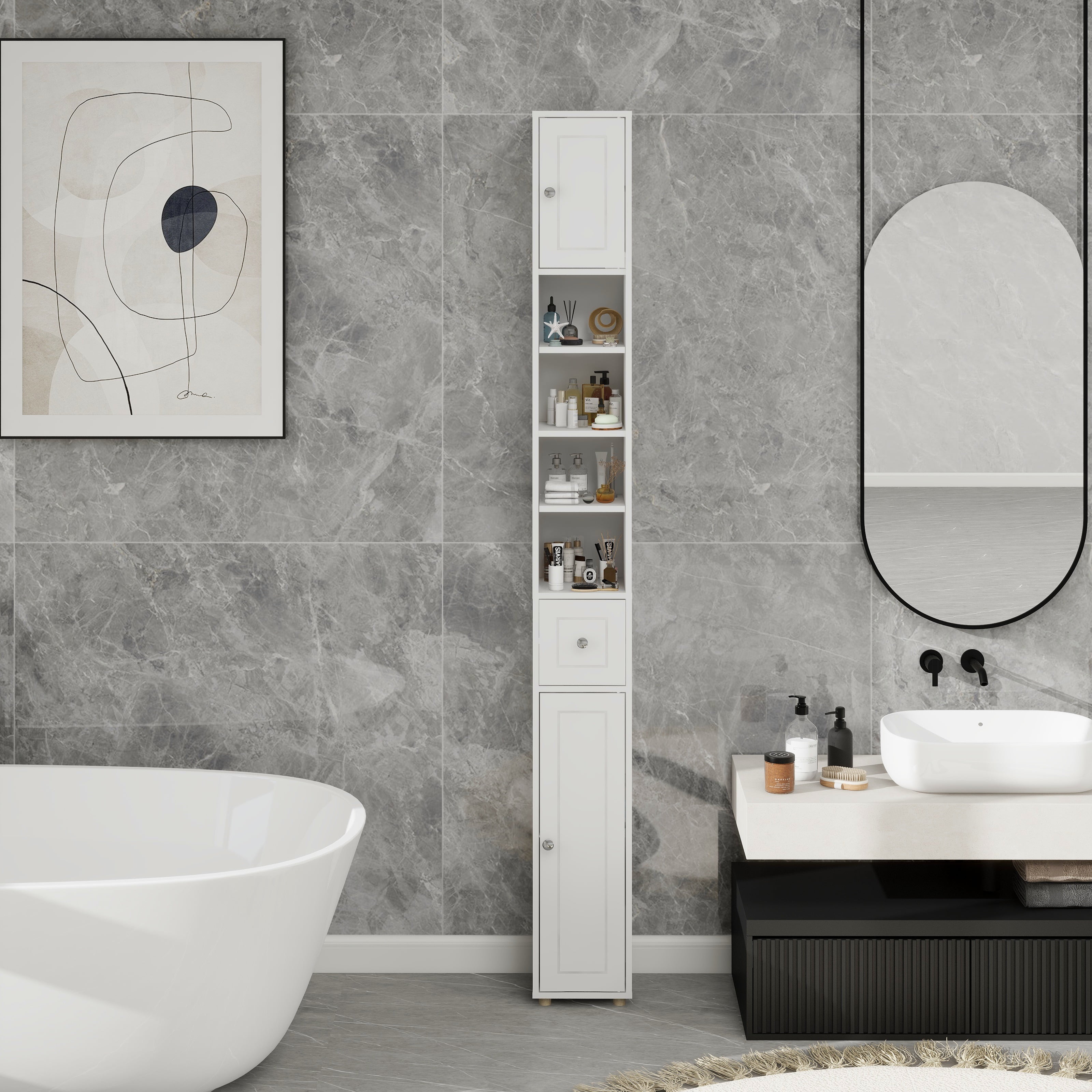 Tall Slim Bathroom Storage Cabinet with Drawer, 2 Doors & 4 Adjustable Shelves, White