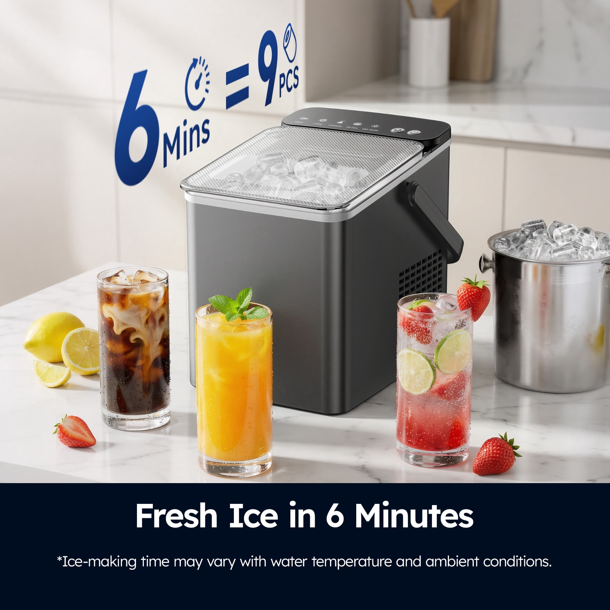 SIMZLIFE Portable Countertop Ice Maker Machine, 26 lbs Ice Per Day, 9 Bullet Ice Cubes Ready in 6 Minutes, Small & Large Ice Sizes, Self-Cleaning, 1.1L Water Tank, Ice Scoop & Basket, Gray