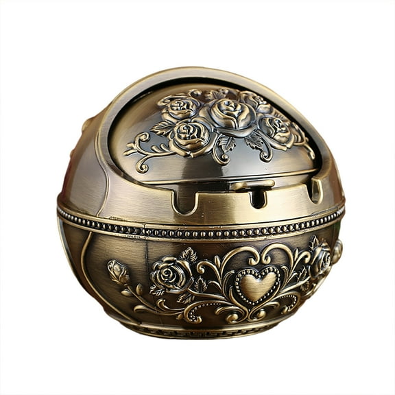 LanSuare Vintage Windproof Ashtray with Lid, Tabletop Portable Cigarette Ashtray for Outdoor, Indoor, Metal Push Down Ash tray Gift for Men Women