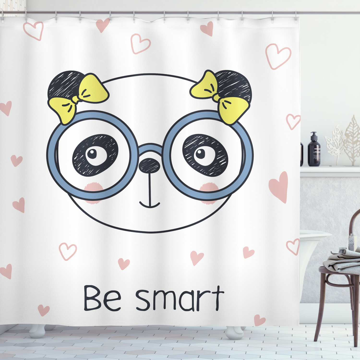 Geek Shower Curtain, HandDrawn Doodle Panda Girl Wearing Glasses on