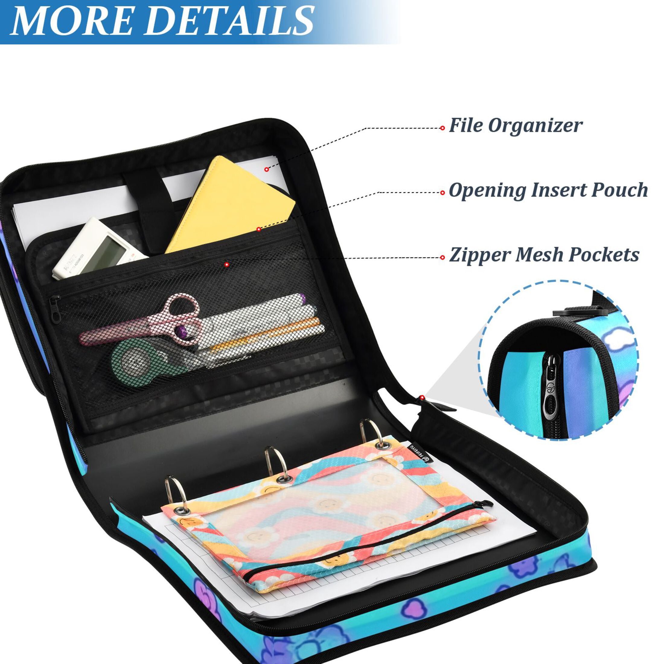 3 Ring Zipper Binder with Shoulder Strap Waterproof Trapper Keeper 2 Inch D-Ring 500 Sheets Capacity Blue Stripes with Cute Flowers