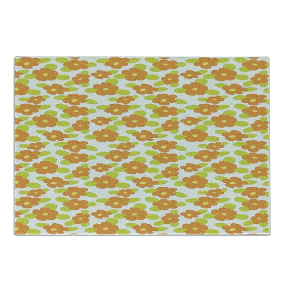 Orange Cutting Board, Theme Girlish Pattern with Doodle Flowers and Green Leaves, Decorative Tempered Glass Cutting and Serving Board, Small Size, Apple Green Orange, by Ambesonne