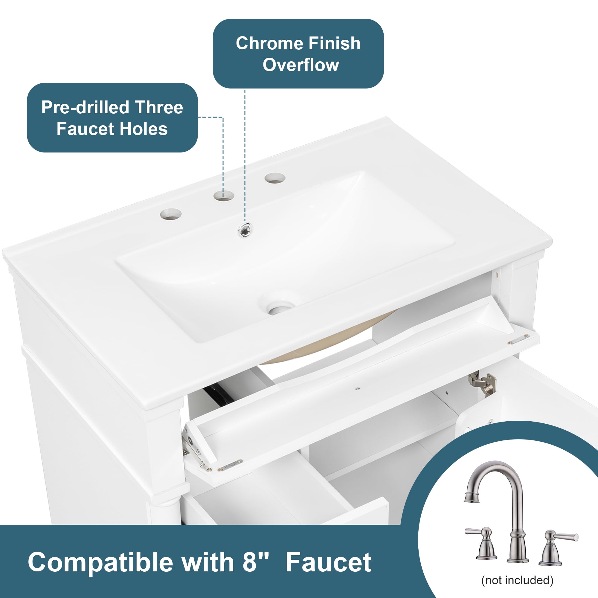 Alvantor 30" Bathroom Vanity with Ceramic Sink, Freestanding Storage Cabinet with Flip Drawers White