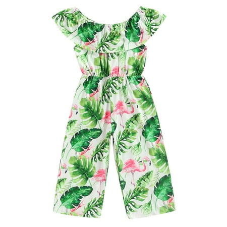 

Calsunbaby Newborn Baby Girls Casual Romper Summer Jumpsuit Leaves and Flamingo Overalls Outfits Clothes Green Pink 5-6 Years