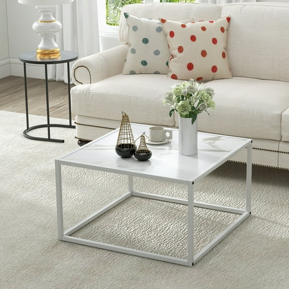 Giantex Square Coffee Table w/Faux Marble Tabletop, Center Cocktail Table, Low Bedside Table, Accent Living Room Furniture