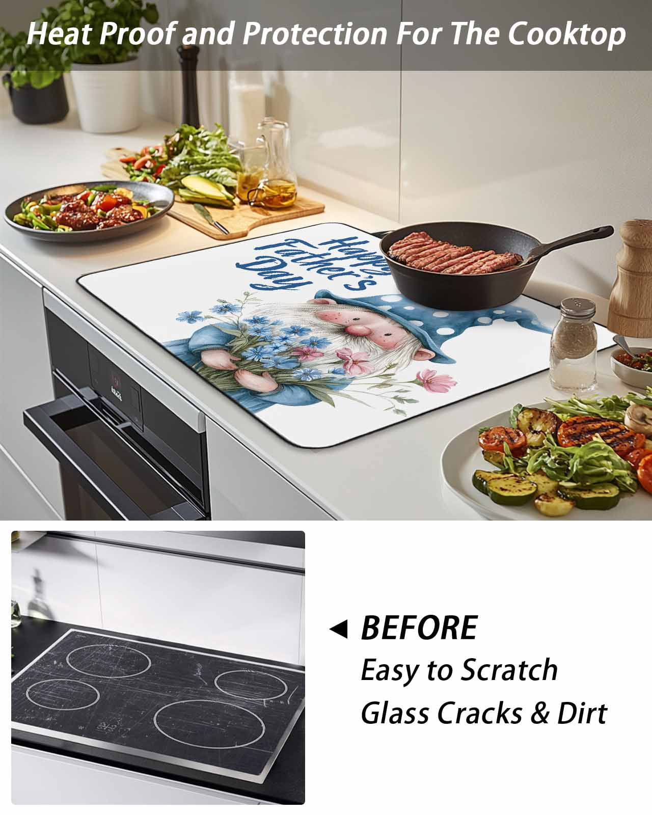 Stove Top Covers for Electric Stove 36x21 Inches, Happy Father's Day Heat Insulation Fireproof Glass Cooktop Protector, Blue Gnomes Floral Botanical Countertop Stovetop Cover for Kitchen
